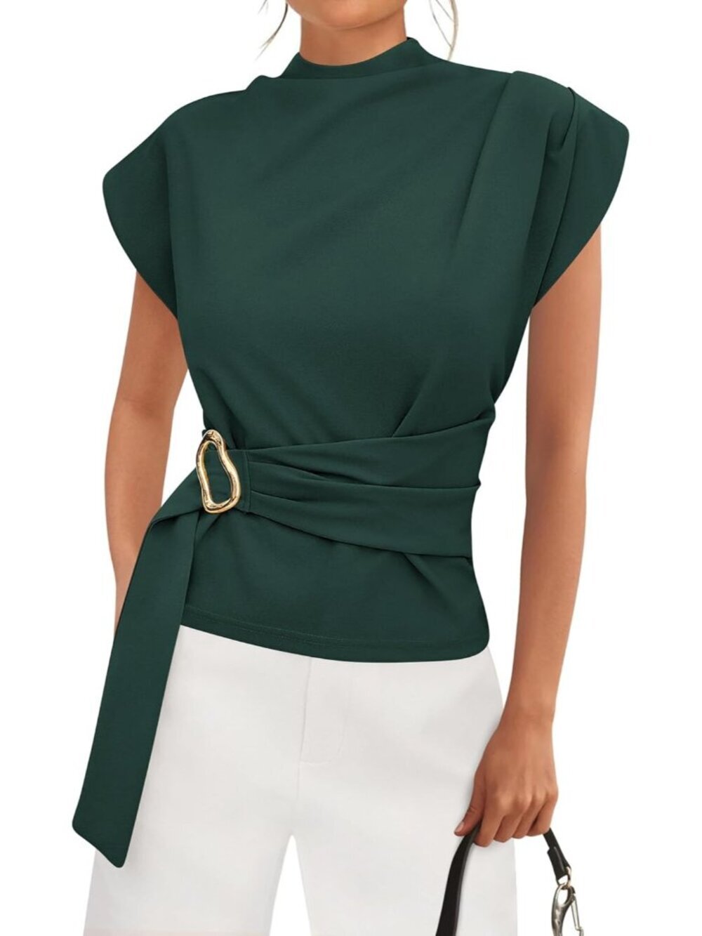 Women's Dark Green Cap Sleeve Mock Neck Buckle Tunic Imported Casual Top Shirt